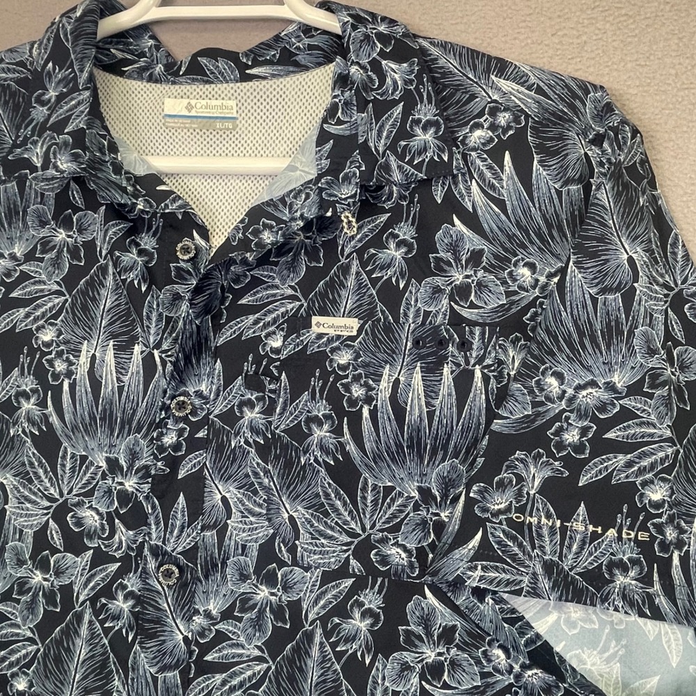 Columbia Shirt Mens XL Navy PFG Super Tamiami Tropical Floral Short Sleeve